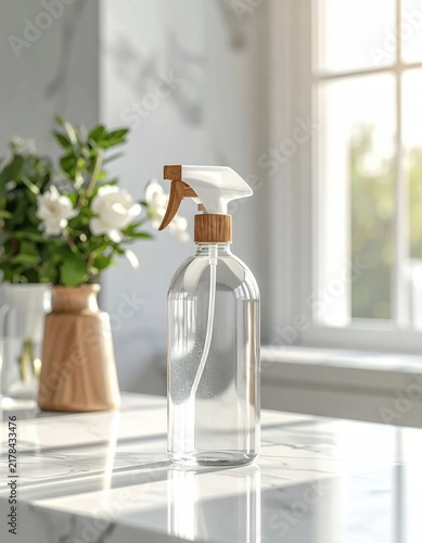 Clear glass spray bottle with wooden neck on marble countertop, kitchen cleaning supply, eco friendly home decor, natural housekeeping