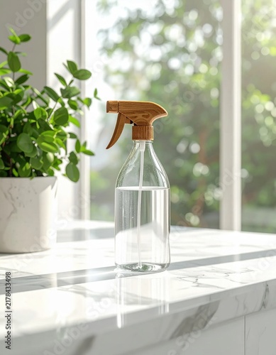 Clear glass spray bottle with wooden trigger on marble countertop, natural cleaning product, home maintenance, eco-friendly lifestyle, kitchen atmosphere