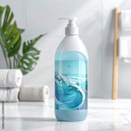 Pump bottle with refreshing ocean wave label in bathroom setting, skin care product mockup, cosmetic packaging display