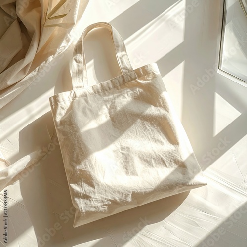 Natural beige cotton tote bag on sunlit table surface, eco friendly reusable shopping accessory, sustainable lifestyle, plastic free shopping, fabric texture