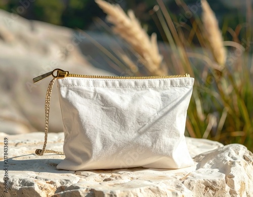 Small white canvas makeup pouch with golden zipper resting on natural stone, travel accessories, skincare organizer, beauty storage