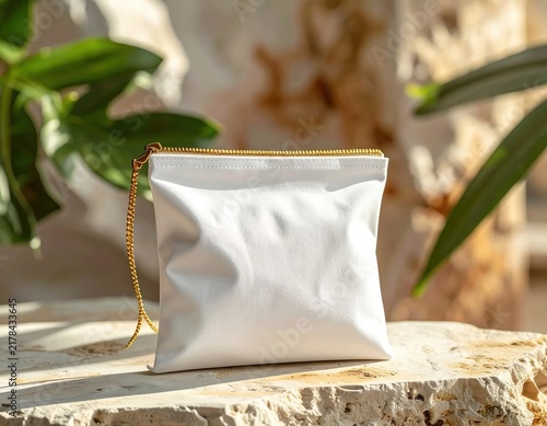 Small white fabric pouch with golden drawstring cord resting on textured stone surface, natural outdoor setting