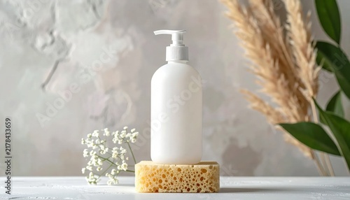White cosmetic pump bottle on sponge pedestal with dried grass and flowers, skincare product branding, organic spa beauty