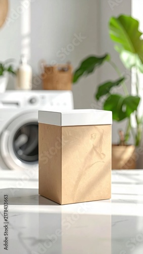 Square kraft paper box with white lid sitting on a marble table in a bright laundry room setting