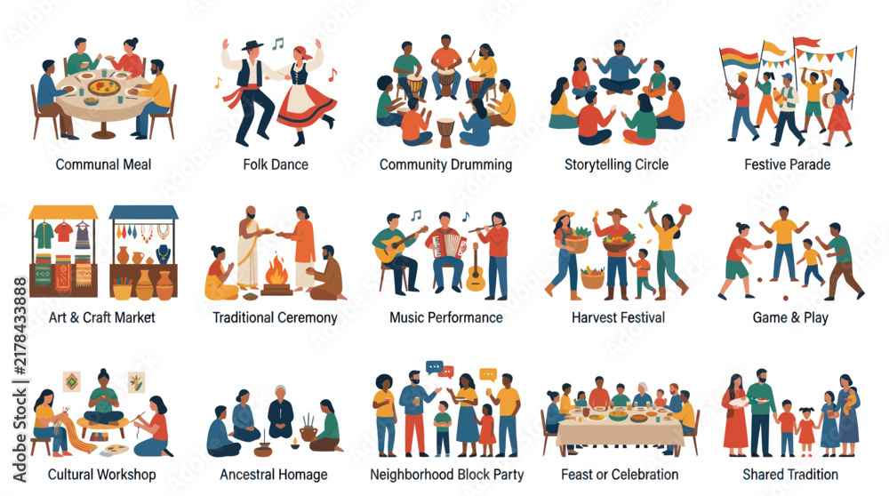 Fototapeta premium Diverse Community Events Flat Vector Icons - Culture, Celebration, Gathering