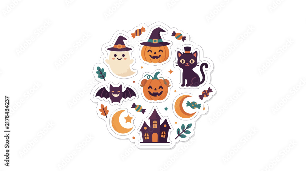 Fototapeta premium Cluster of Halloween stickers in a circular layout.