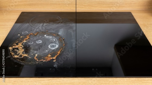 Dirty and Clean Ceramic Cooktop Surface Before and After Cleaning