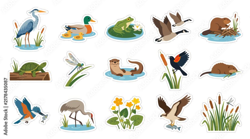 Fototapeta premium Set of Flat Cartoon Wetland Animals and Plants Vector Illustrations for Nature, Wildlife, and Ecology