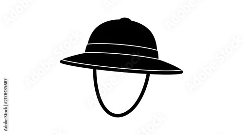 Black safari pith helmet silhouette with chin strap. Perfect for adventure, exploration, jungle travel, and outdoor expedition graphic designs.