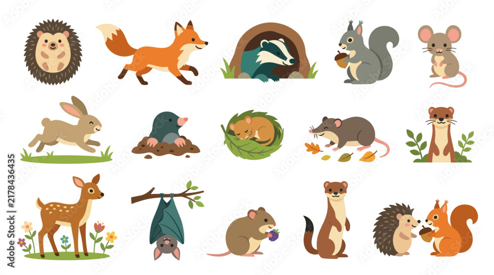 Obraz premium Cute Woodland Animals Collection: Fox, Hedgehog, Squirrel, Deer, Bat, Mouse, Mole