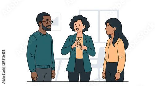 A flat vector illustration of a sign language interpreter facilitating communication between colleagues in an office