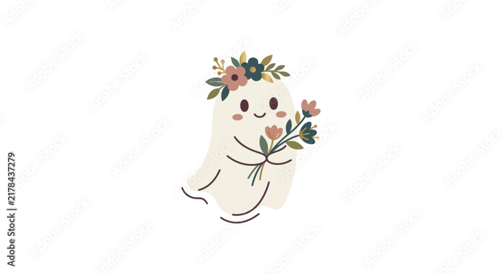 Naklejka premium Cute ghost holding a bouquet of flowers.