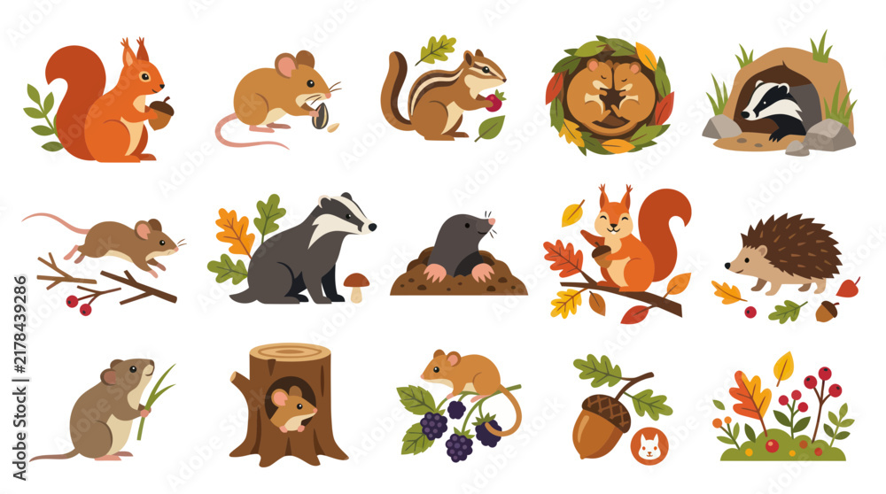 Fototapeta premium Cute Flat Vector Woodland Animals Set: Squirrel, Mouse, Hedgehog, Badger, Mole, Chipmunk for Autumn