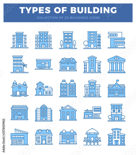 building icons in blue outline style