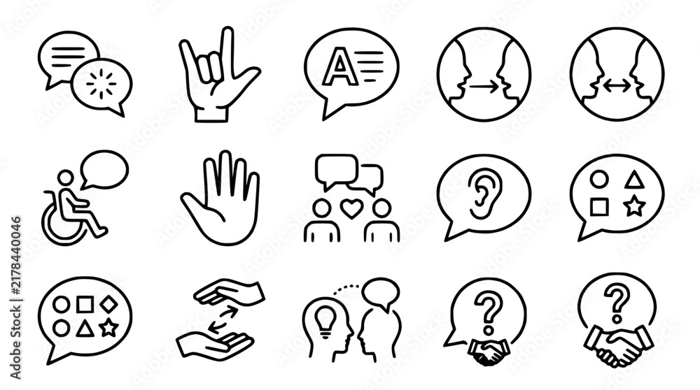 Fototapeta premium Communication Icons Set: Speech Bubbles, Hand Gestures, People, Ear, Question Mark