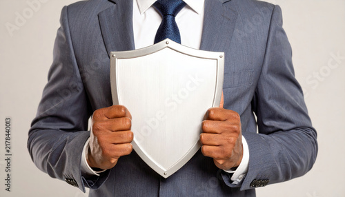 Black Business man holding bright shield providing protection with Copyspace