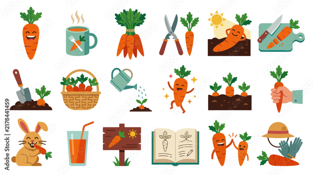 Fototapeta premium Flat Design Agriculture and Food Vector Icon Set with Happy Carrots, Gardening Tools, and Healthy Eating Concepts