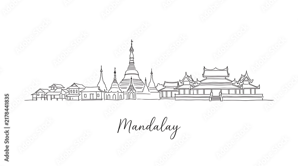 Fototapeta premium Elegant Line Drawing of Mandalay's Architectural Skyline Featuring Diverse Temples and Cultural Structures in Minimalist Style