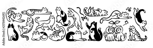Cute cats in different poses doodle set. Comic kitties play, sit, sleep, stretch, sing and meow. Naughty animals having fun. Funny ink kittens. Flat isolated outline vector illustrations on white