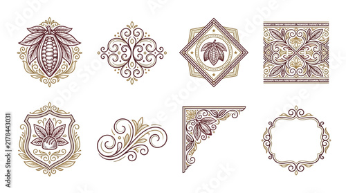 Cocoa Bean Emblems and Decorative Ornaments, Transparent Background
