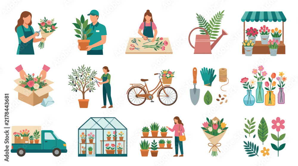 Fototapeta premium Gardening and Floristry Flat Design Vector Icons Set. Plant Care, Flower Shop, Greenhouse, and Tools Collection.
