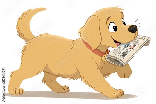Cute cartoon dog reading a newspaper while walking