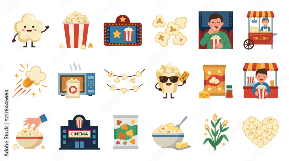 Fototapeta premium Popcorn Icons: Flat Vector Graphics for Cinema and Food Industry