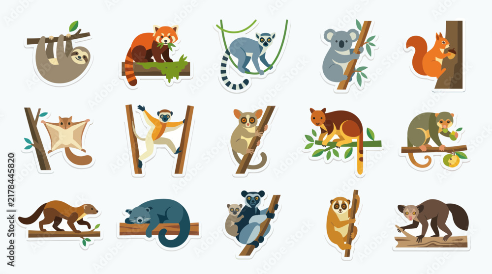 Fototapeta premium Flat Illustration Set of Cute Forest Animals: Sloth, Red Panda, Lemur, Koala, Squirrel, Possum