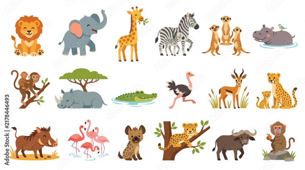 Fototapeta premium Flat Safari Animals Vector Illustration - Cute African Wildlife Collection