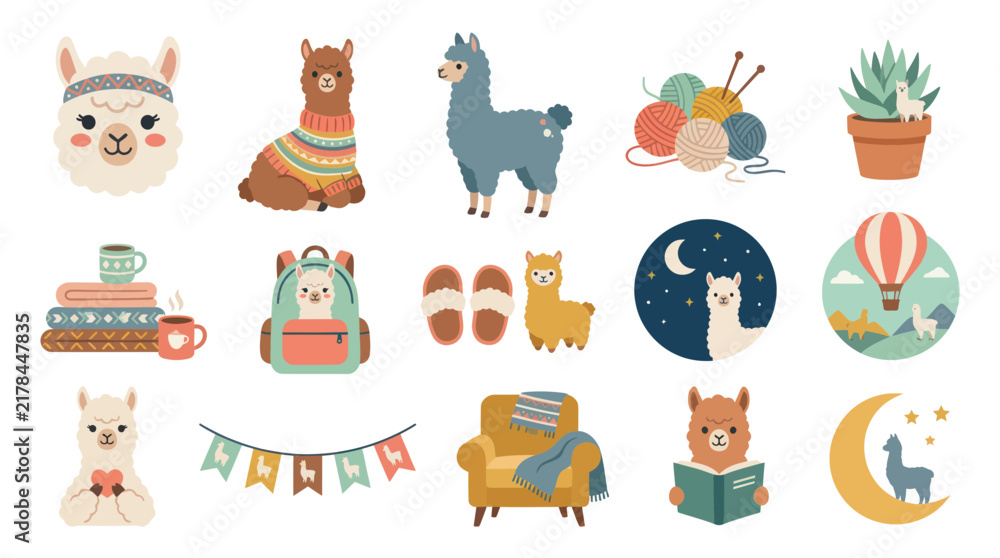 Fototapeta premium Set of Cute Llama Themed Flat Illustrations with Cozy Lifestyle Objects, Hobbies, and Travel Icons