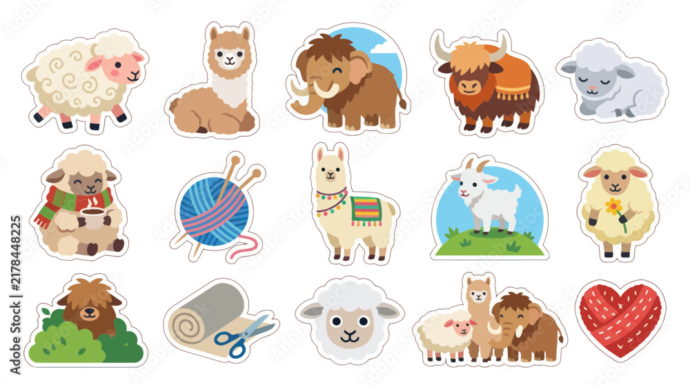 Fototapeta premium Cute Flat Cartoon Vector Wool Animals and Fiber Crafting Elements Set for Textile Industry