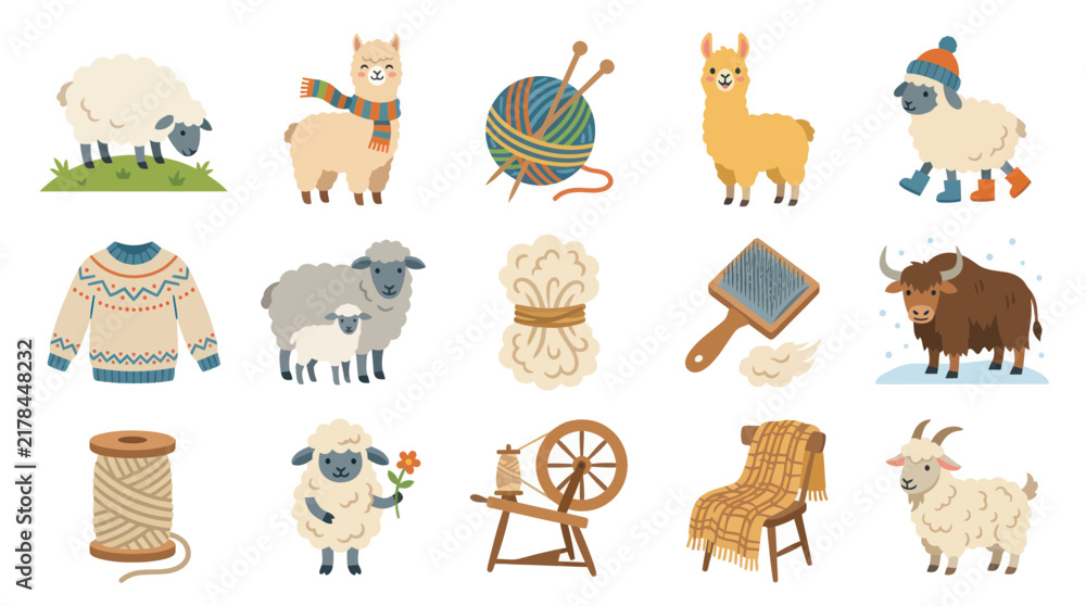 Obraz premium Cute Flat Vector Illustration Set of Wool Production Fiber Arts: Animals, Yarn, Knitting, Spinning Tools