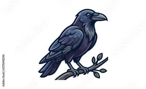 Raven Perched on Branch Vector Illustration