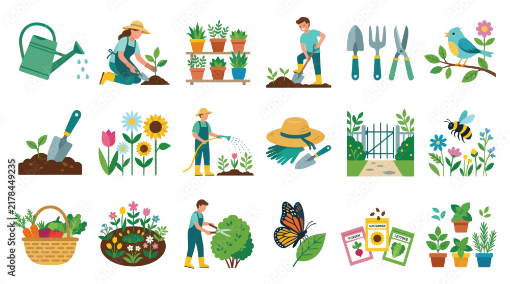 Fototapeta premium Flat Design Vector Icons of Gardening and Farming Activities