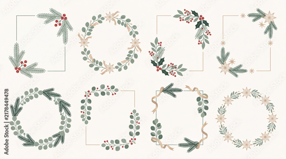Fototapeta premium Christmas Botanical Frames and Wreaths with Pine Holly and Berries
