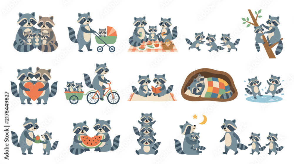 Obraz premium Cute Raccoon Family Icons - Flat Vector Animal Illustrations