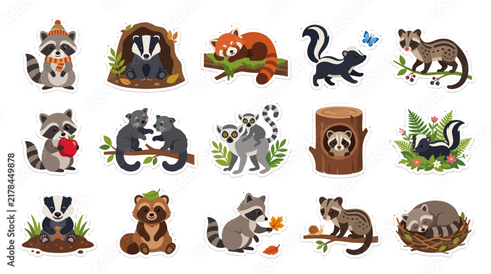 Obraz premium Cute Cartoon Animals Set - Racoon, Skunk, Badger, Lemur, Red Panda, Civet