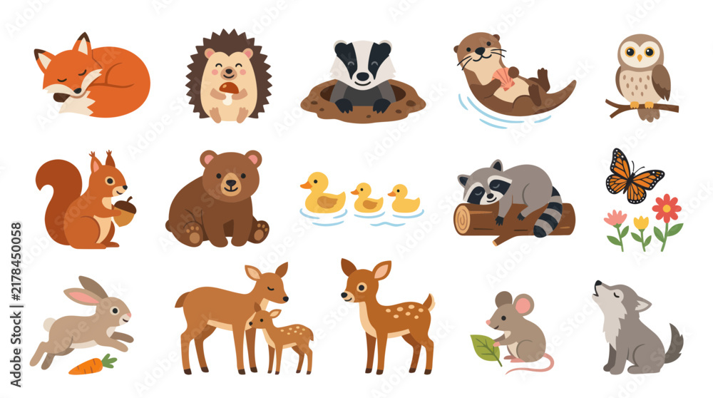 Obraz premium Cute Woodland Animals Set, Flat Art, Forest Creatures Illustration