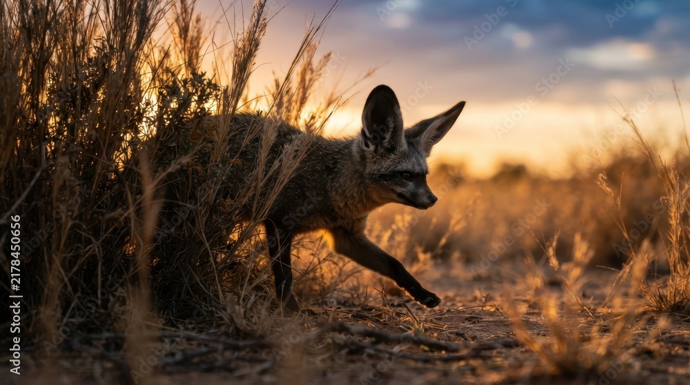 Fototapeta premium Bat-eared Fox in Sunset Desert: A bat-eared fox with its distinctive large ears emerges from dry brush in a desert landscape, illuminated by the golden hues of a setting sun.