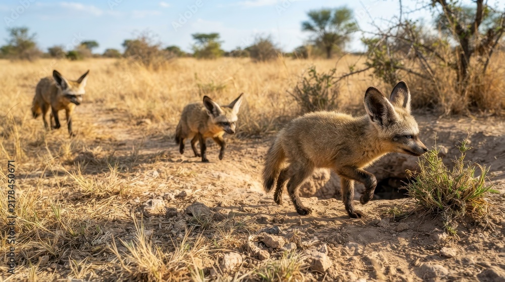 Obraz premium Bat-Eared Foxes in the Savannah: Three bat-eared foxes with their characteristic large ears trek across a dry, sun-drenched savannah, seeking sustenance amidst sparse vegetation.