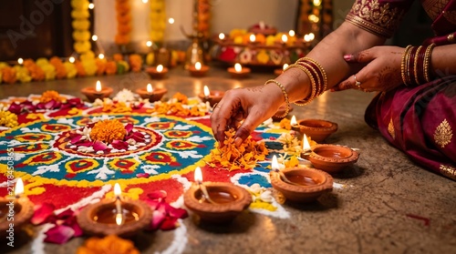 Women decorating colorful Rangoli with flowers and diyas for Diwali