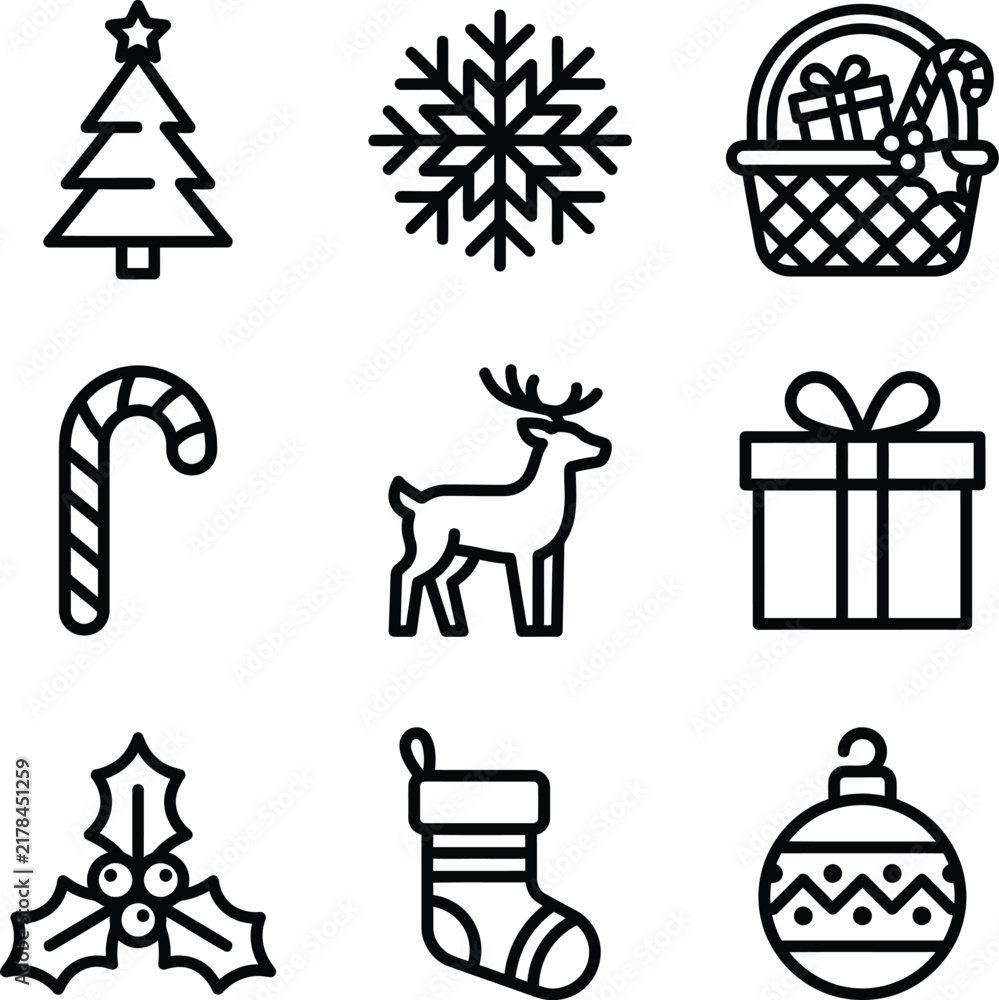 Fototapeta premium Christmas icons outline set with holiday symbols christmas snowflake reindeer stocking ornament illustration collection decoration