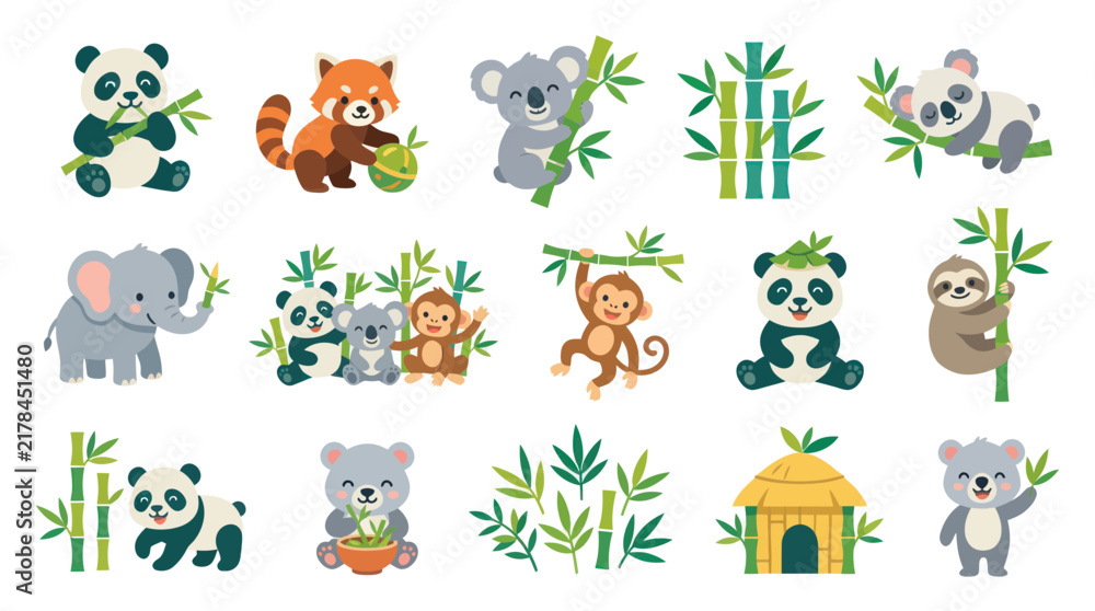 Fototapeta premium Cute Flat Cartoon Animals and Bamboo Vector Set for Children's Nature and Wildlife Themes