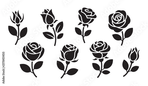 Elegant rose flowers on stems with leaves stencil set ideal for memorial designs and vintage typography.