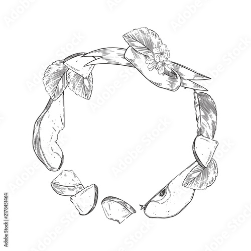 A wreath of pears, slices and pieces of fruit with leaves and flowers. Vector illustration with space for text. Illustration for menu, packaging, harvesting and autumn decoration. Vector illustration