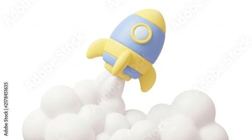 Science - 3d cartoon rocket launching with smoke on white background