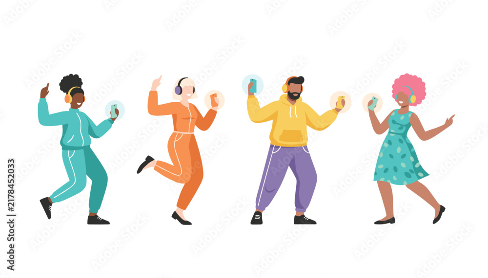 Fototapeta premium Happy diverse young people wearing headphones while dancing and listening to music on their smartphones with joy.