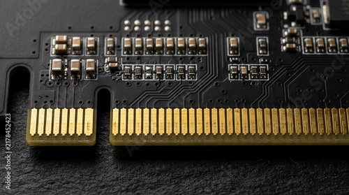 Close-up of a high-tech computer circuit board with gold connectors and surface-mounted electronic components
