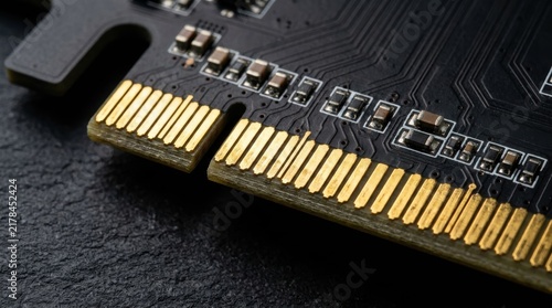 Macro shot of gold-plated contacts on a modern computer graphics card circuit board