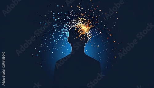 Abstract digital art with glowing blue particles and cosmic background.